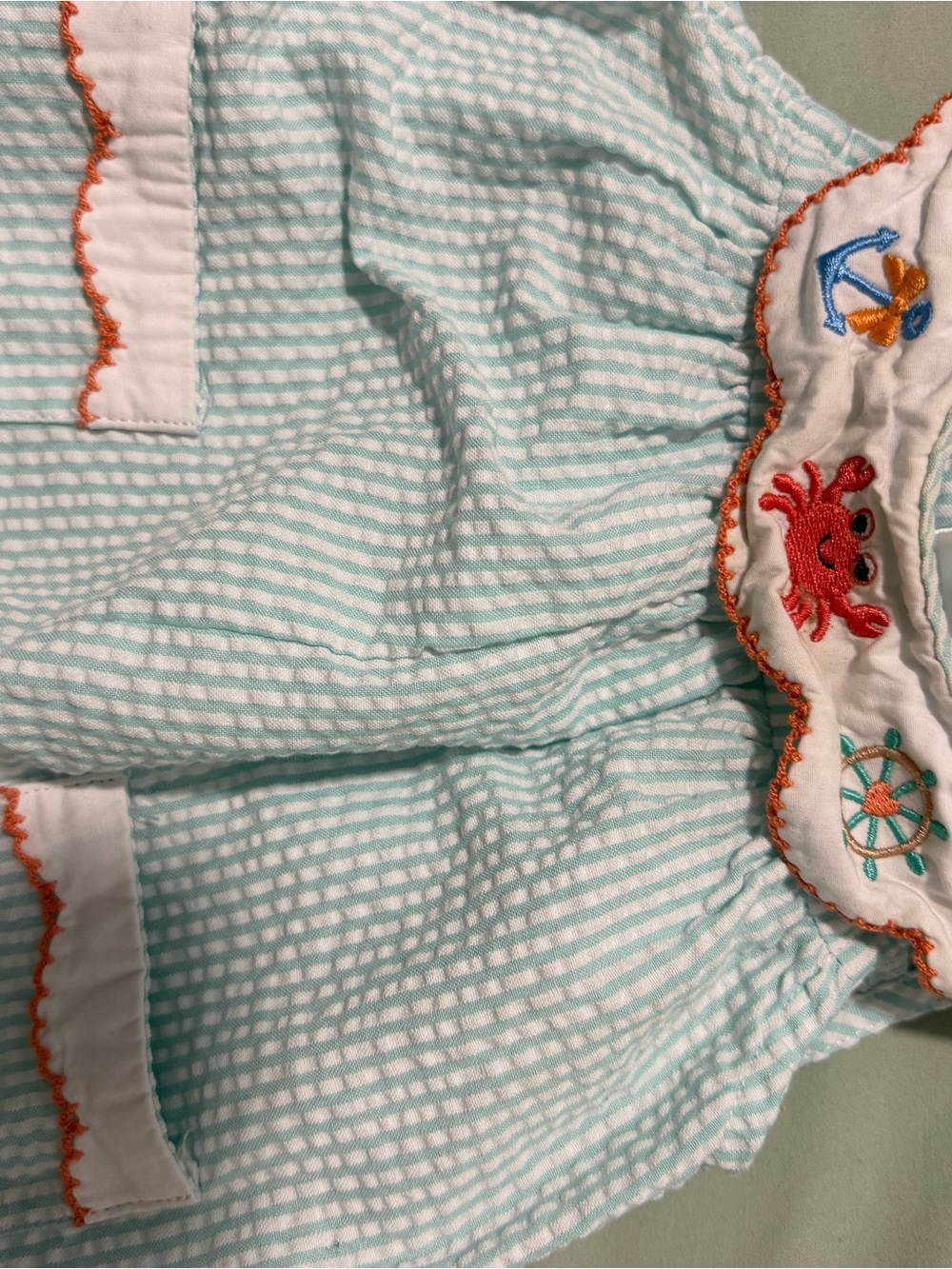 Sea-Themed Mint & White Striped Kids romper with Embroidered Accents
